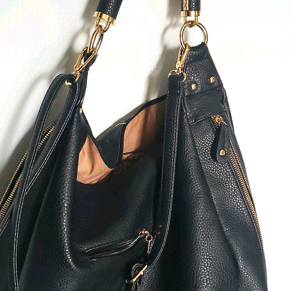 Black Vegan Leather Large Purse Hobo Bag